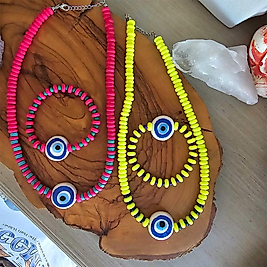 Seramik Göz Fosforlu Lino Kolye ve Bileklik Set