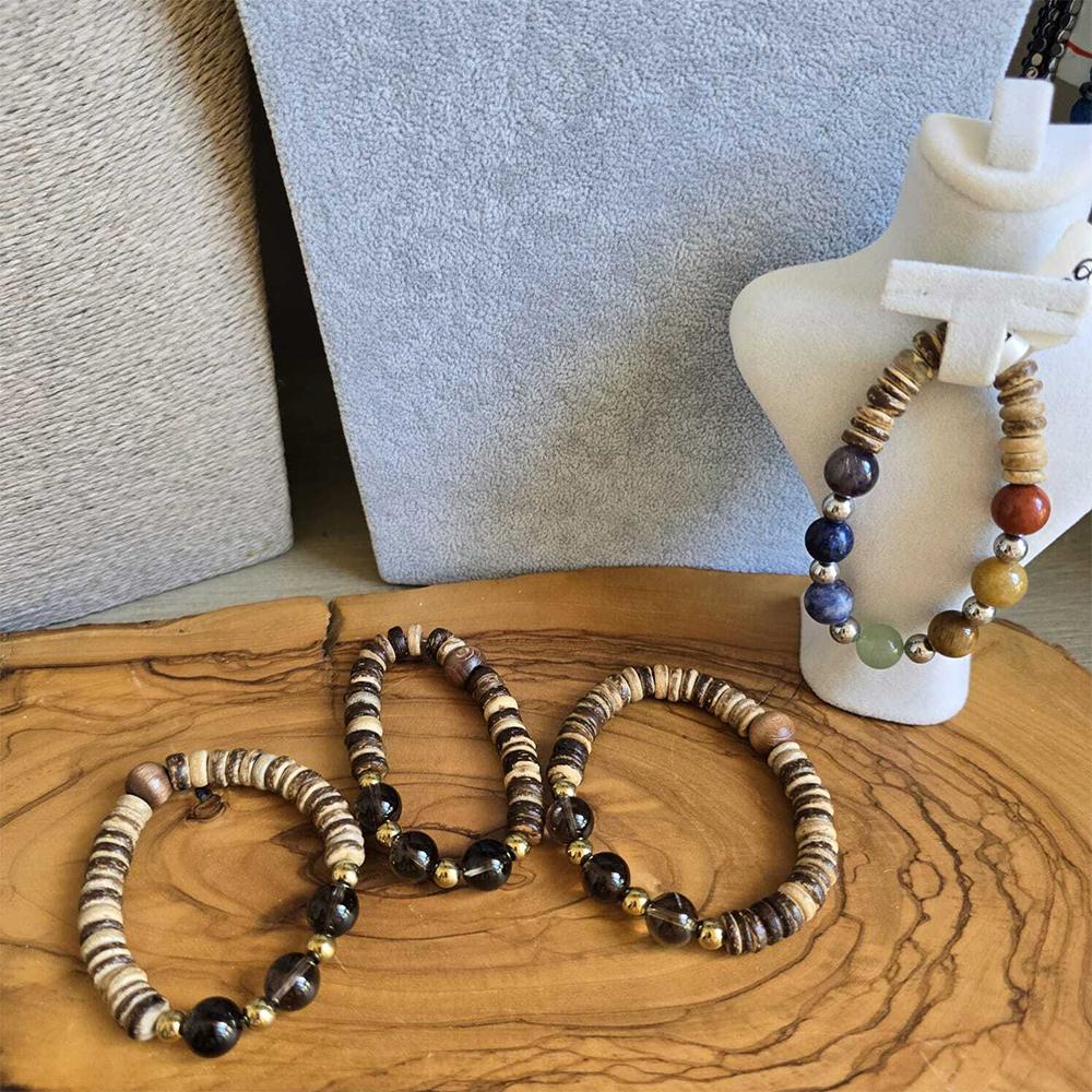 Dumanlı Kuvars ve Altın Hematit Coconut Kabuğu Bileklik