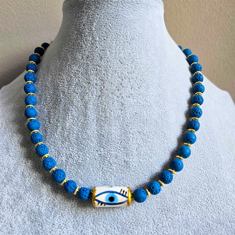 Kot Rengi Çift Taraflı Seramik Göz Boncuklu Kolye